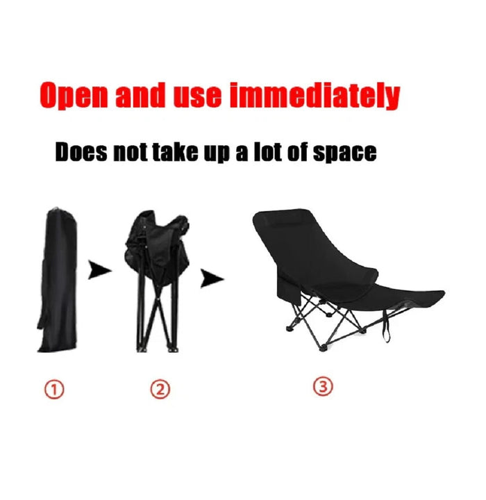 ECOTREK adjustable folding chair with footrest, showing three recline positions and padded seat for comfort.