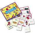 Advanced Rhyming Bingo game with a yellow box, illustrated square boards, and word cards like blue and steak.