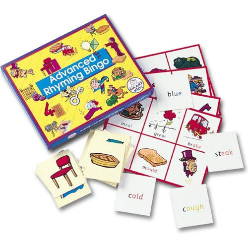 Advanced Rhyming Bingo game with a yellow box, illustrated square boards, and word cards like blue and steak.