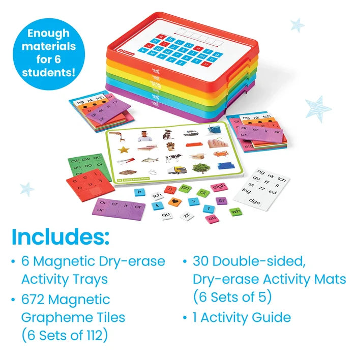 Six rainbow stackable magnetic dry-erase trays with letter tiles and activity mats on a white background.