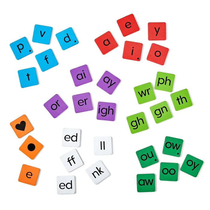 Assorted blue, red, purple, green, and white square tiles with letters and phonemes on a white background.