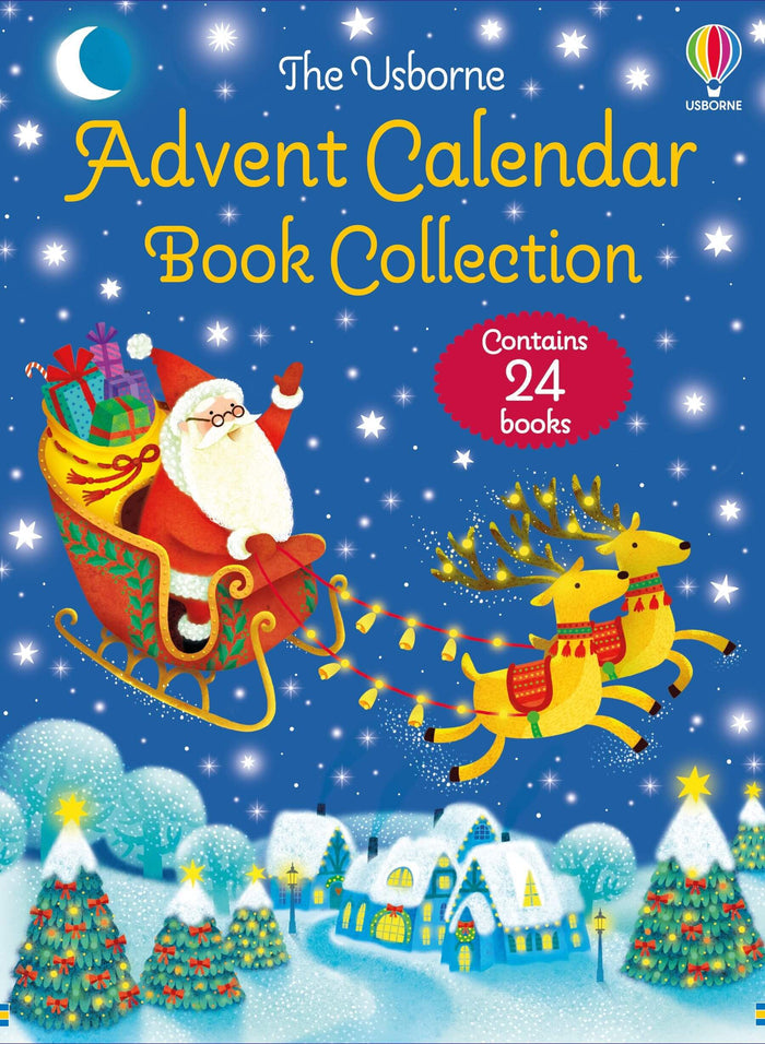 Advent calendar cover featuring Santa in a sleigh over a snowy village at night, with 24 books included.