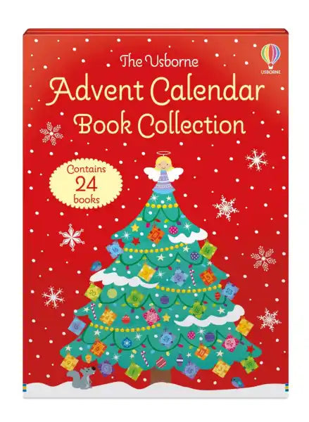 Red rectangular box with a Christmas tree decorated with 24 mini books, an angel topper, and white snowflakes.
