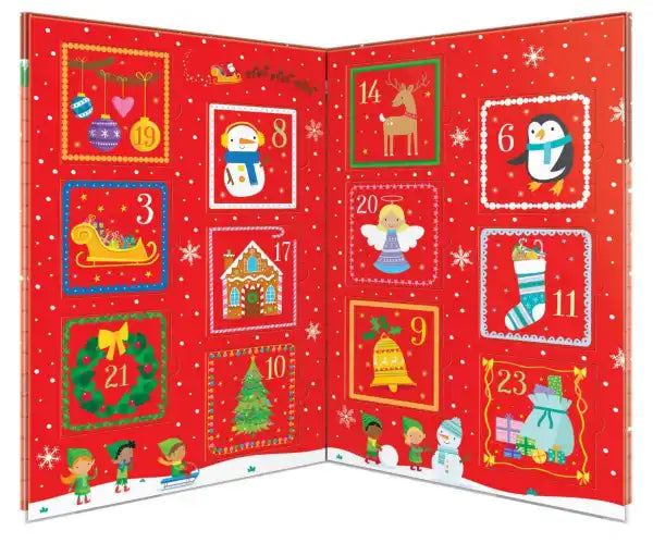 Red open-book advent calendar with numbered doors featuring colorful Christmas illustrations and festive characters.