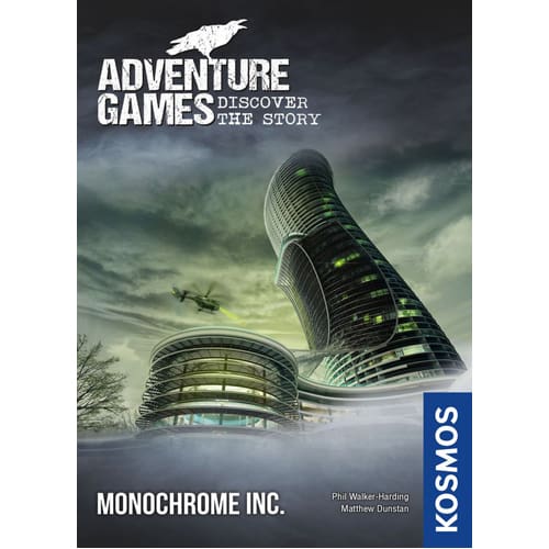 Game box art with tall, curved skyscrapers, green glowing windows, and a helicopter under a dark, misty sky.