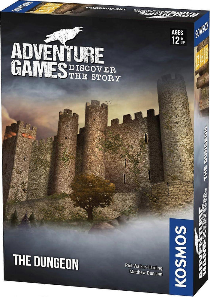 Stone castle with multiple towers and a black raven logo on a board game box with a misty forest scene.