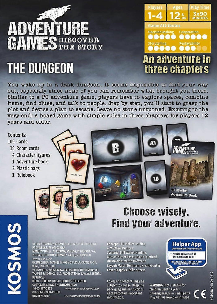 Back of board game box showing cards, character portraits, and gameplay stats in yellow boxes on a dark background.