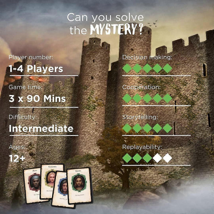 Game stats and green diamond ratings over a stone castle background with character cards and solve the mystery text.