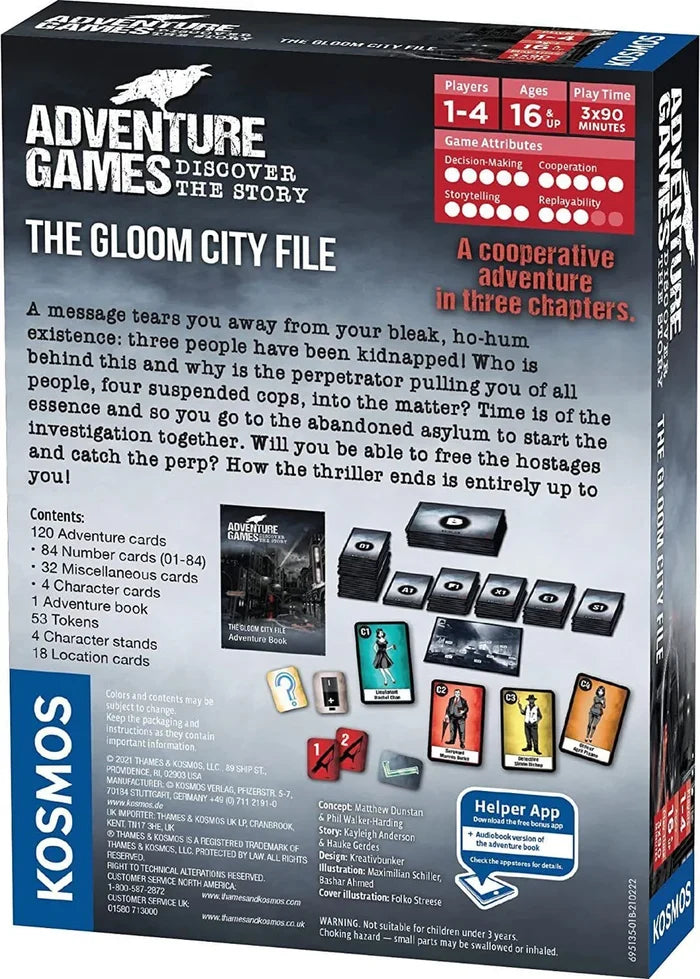 Back of a blue board game box showing game components, story text, player specifications, and the KOSMOS logo.