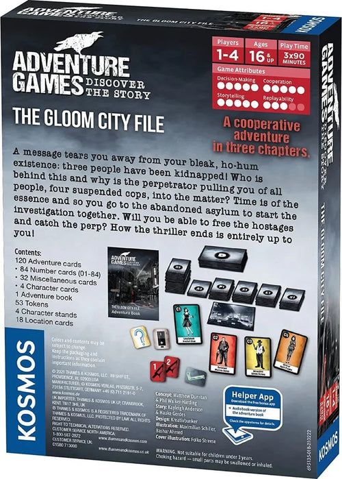 Back of a blue board game box showing game components, story text, player specifications, and the KOSMOS logo.