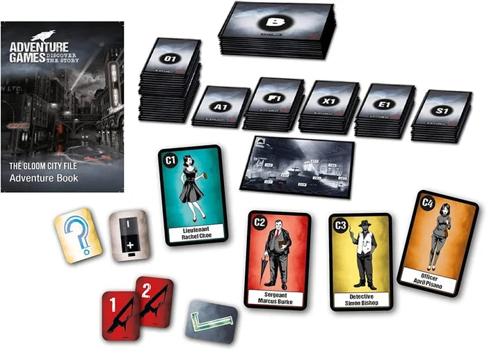 Dark detective game set featuring an adventure book, character cards, several card decks, and game tokens.