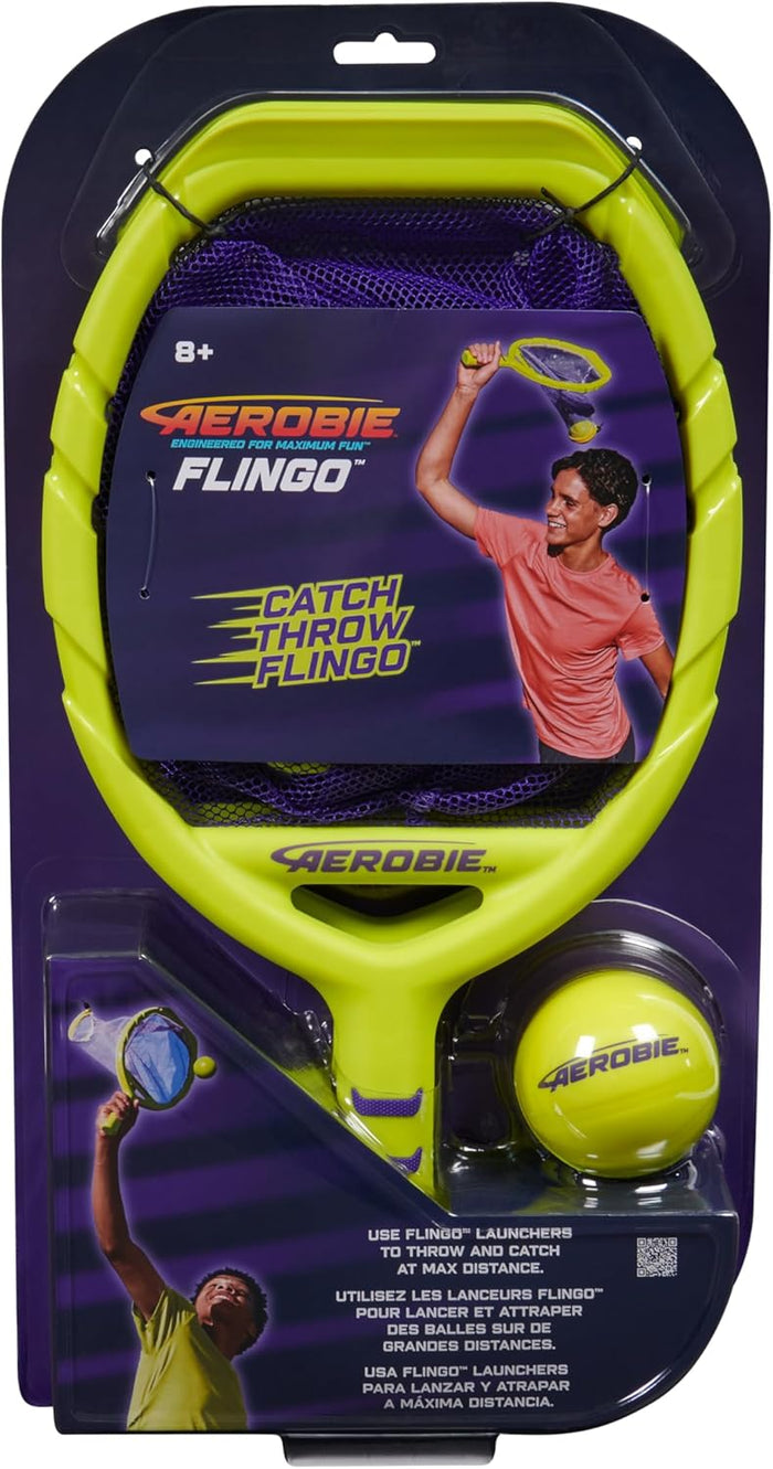 Handheld lime green net thrower and yellow ball in purple retail packaging with action graphics.