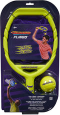 Handheld lime green net thrower and yellow ball in purple retail packaging with action graphics.
