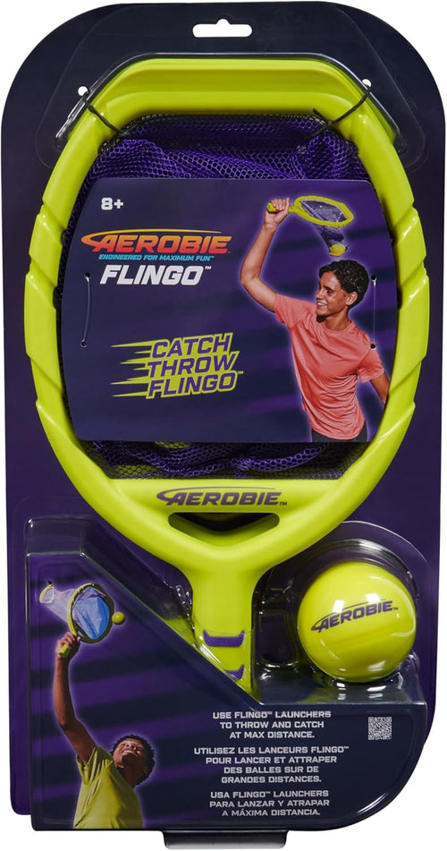 Handheld lime green net thrower and yellow ball in purple retail packaging with action graphics.