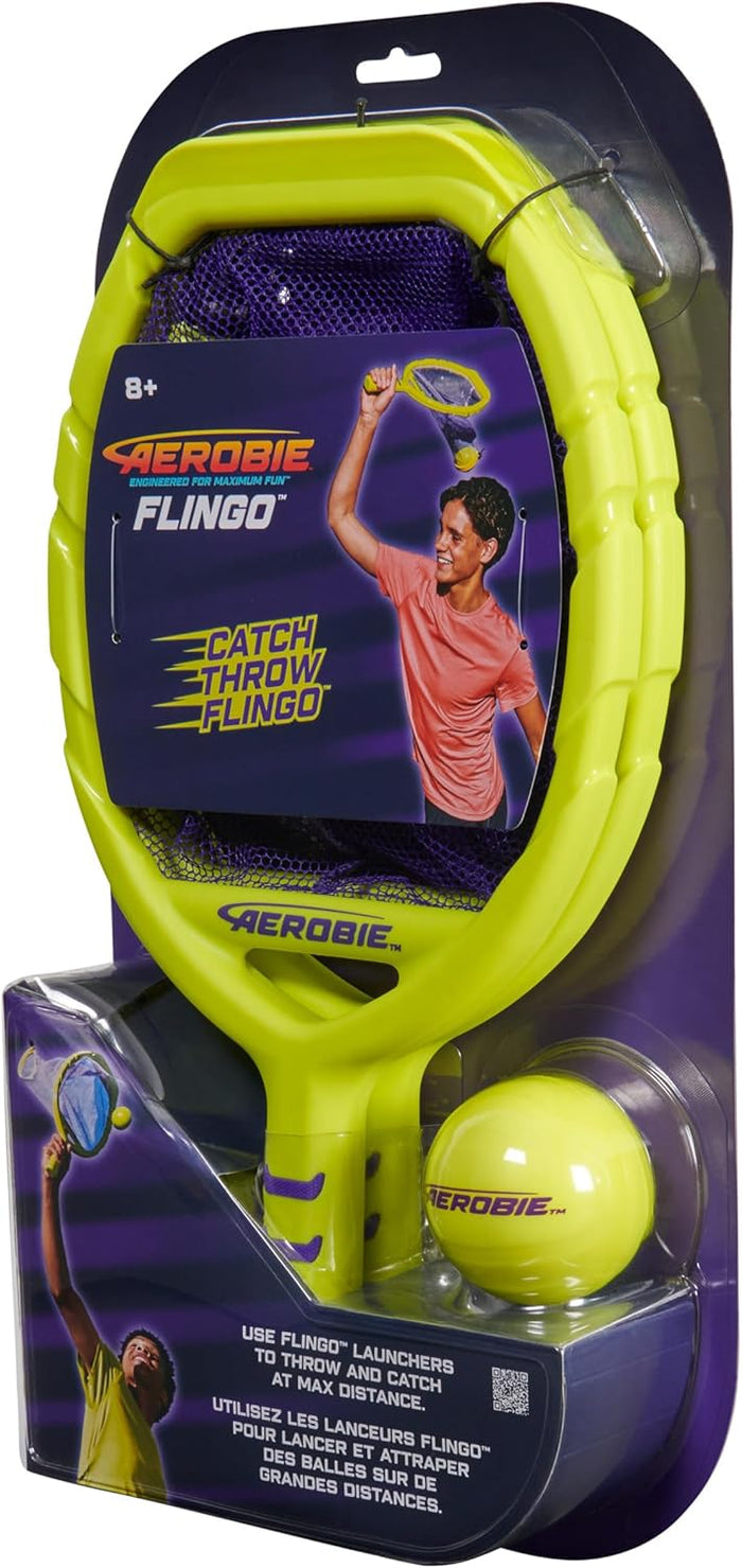 Neon yellow net launchers and matching ball in purple retail packaging showing action photography.