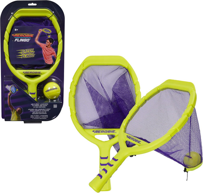 Two neon green handheld launchers with deep purple mesh nets and a yellow ball, shown in and out of retail packaging.