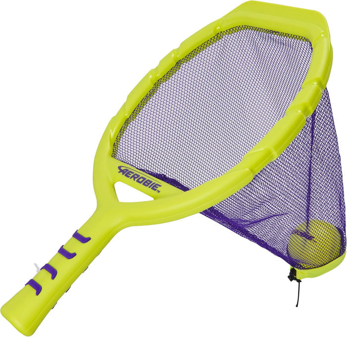 Lime green toy racket with a purple mesh net pocket holding a neon green ball.