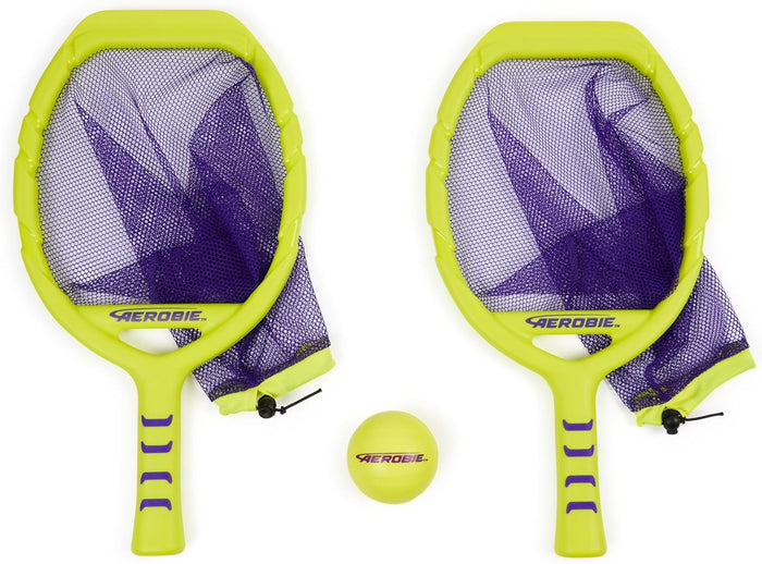 Two lime green paddles with purple mesh nets and a matching lime green ball with purple Aerobie logos.