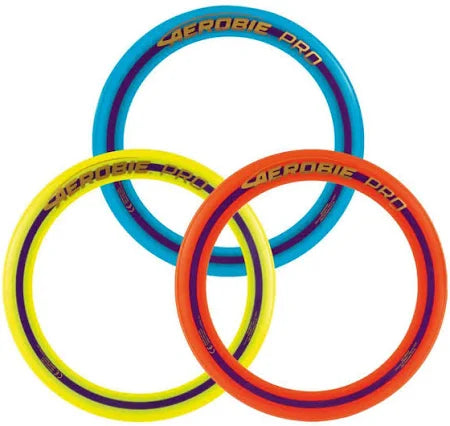Three aerobic exercise rings in blue, orange, and yellow, overlapping on a white background. Each ring features the text 'AEROBIE PRO' printed on the outer edge.