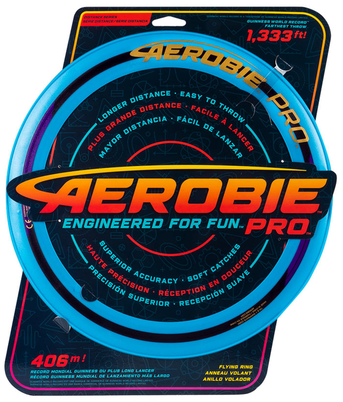 Aerobie Pro disc golf disc in bright blue, shown in its retail blister packaging with a black and orange backing card. The packaging features the Aerobie brand logo and text highlighting the disc's 4.