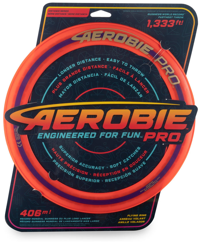 Aerobie Pro flying ring on packaging with branding and specifications.