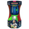 Blue and neon green aerodynamic football with fins in its open retail box featuring an image of Russell Wilson.