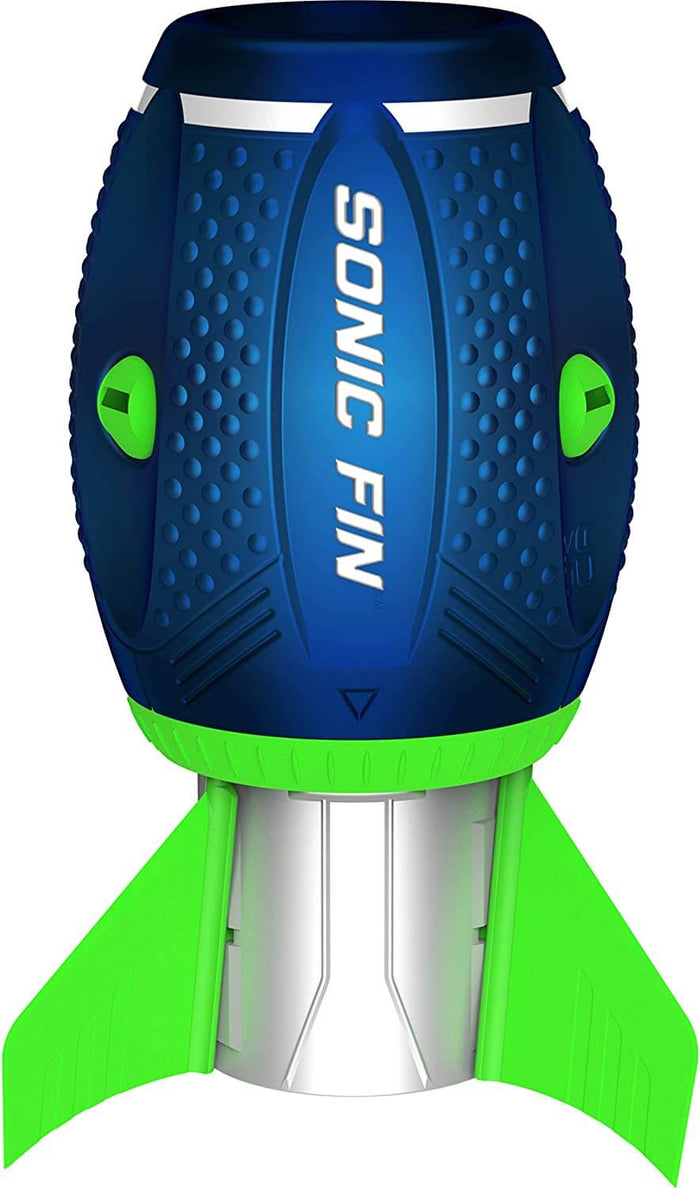 Blue textured aerodynamic football toy with neon green fins, silver tail, and white vertical Sonic Fin text.