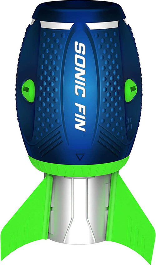 Blue textured aerodynamic football toy with neon green fins, silver tail, and white vertical Sonic Fin text.