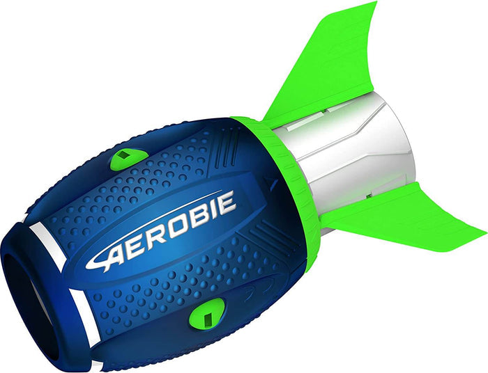 Blue torpedo-shaped football with dimpled grip, silver tail, and neon green stabilizing fins.