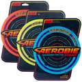 Three circular flying rings in orange, yellow, and blue, displayed in their branded cardboard retail packaging.