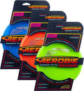 Three Aerobie Squidgie discs in blue, orange, and lime green. Soft, circular floating discs in black retail packaging.
