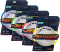 Four circular flying discs with blue, green, red, and yellow soft rims in retail packaging that float on water.