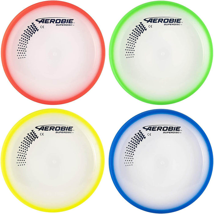 Four circular flying discs with red, lime green, yellow, and blue rims, translucent centers, and black triangle logos.