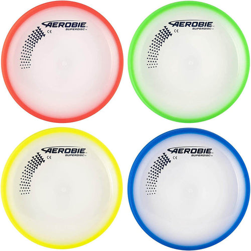 Four circular flying discs with red, lime green, yellow, and blue rims, translucent centers, and black triangle logos.