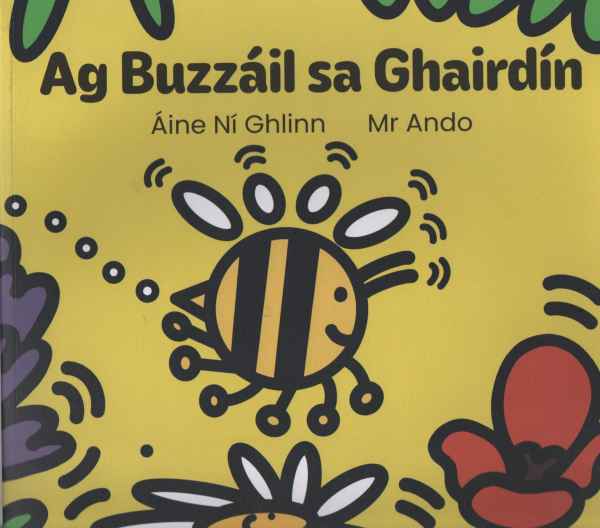 Bright yellow book cover featuring a smiling cartoon bee flying between colorful stylized flowers.