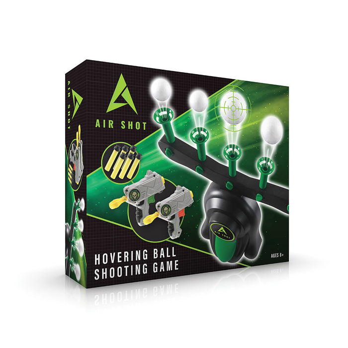 Black and green toy box with white balls hovering over green air nozzles, two grey blasters, and yellow foam darts.