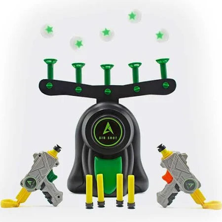 Black and green target base with five floating balls, two grey toy blasters, and four yellow foam darts.
