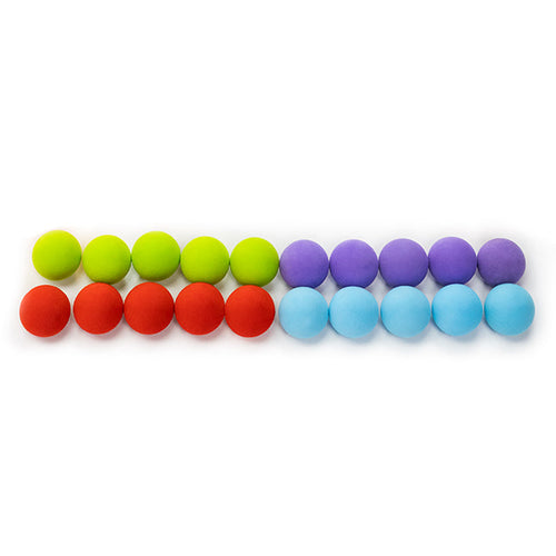 Twenty round foam balls in lime green, purple, red, and light blue arranged in two rows of ten on a white background.