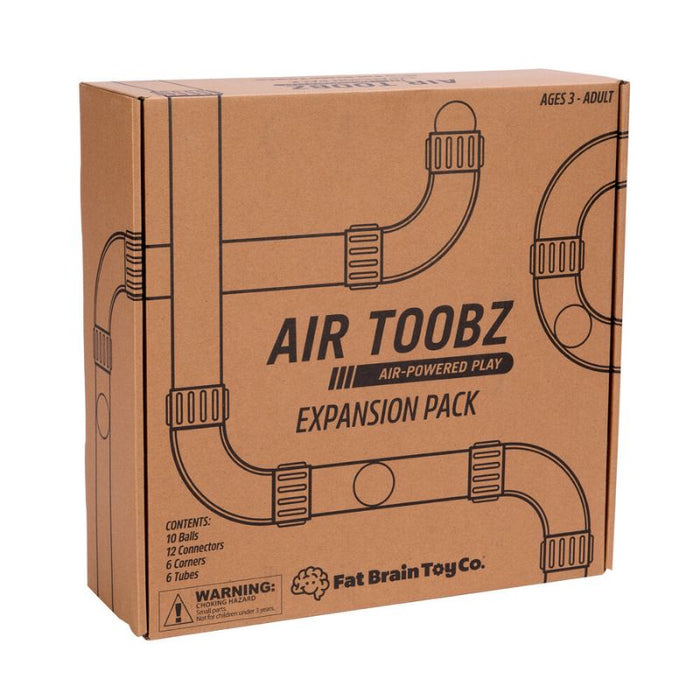 Brown cardboard box featuring black line drawings of toy pipes and balls for the Air Toobz Expansion Pack.