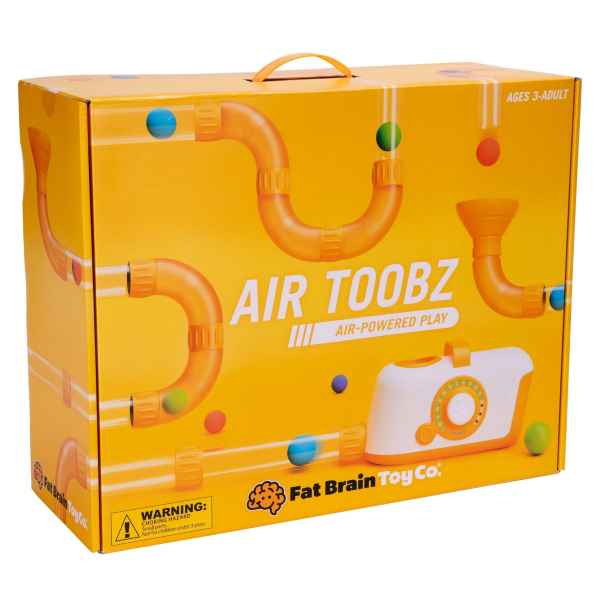 Yellow box for Air Toobz showing orange curved tubes, colorful balls, and a white air blower unit with a dial.
