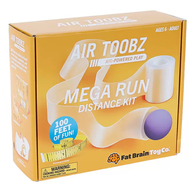Yellow toy box featuring a long, winding translucent tube, a purple ball, and a blue 100 Feet of Fun badge.