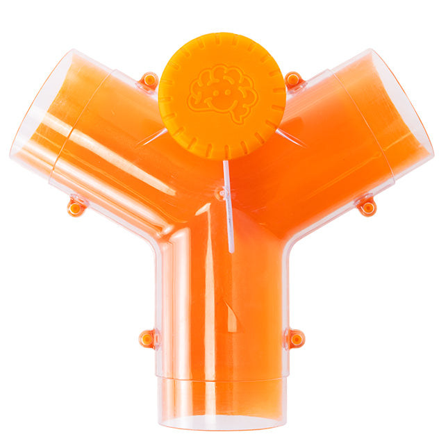 Y-shaped translucent orange plastic tube with a round orange dial on top and a white internal air flow diverter flap.
