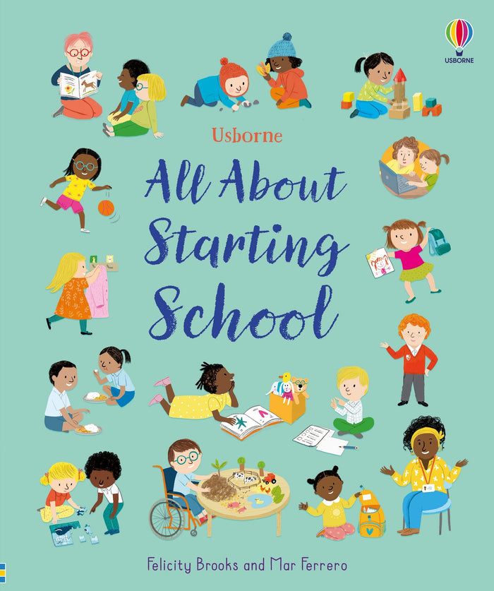 Light green book cover with colorful illustrations of diverse children engaged in various school activities.