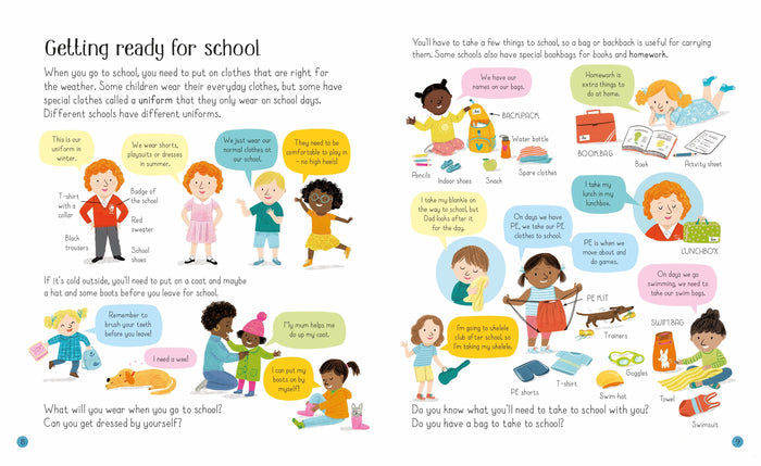 Colorful children's book pages with illustrations of diverse kids in school uniforms and labeled school supplies.