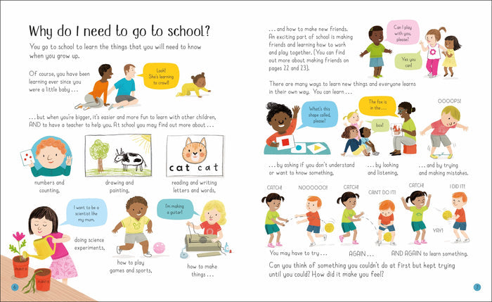 Colorful illustrated book spread showing diverse children learning, drawing, and playing together at school.