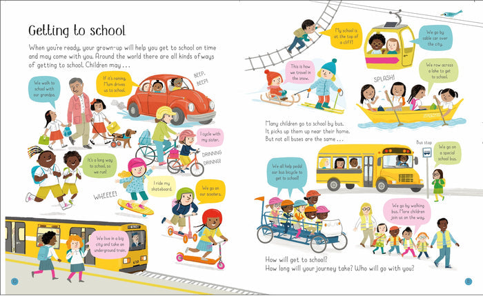 Colorful children's book spread showing diverse kids getting to school via yellow bus, red car, boat, and train.