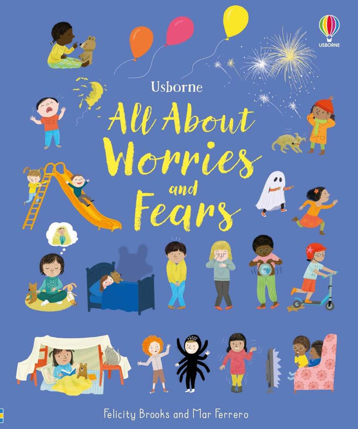 Blue book cover with yellow script title and colorful cartoon illustrations of children experiencing various anxieties.