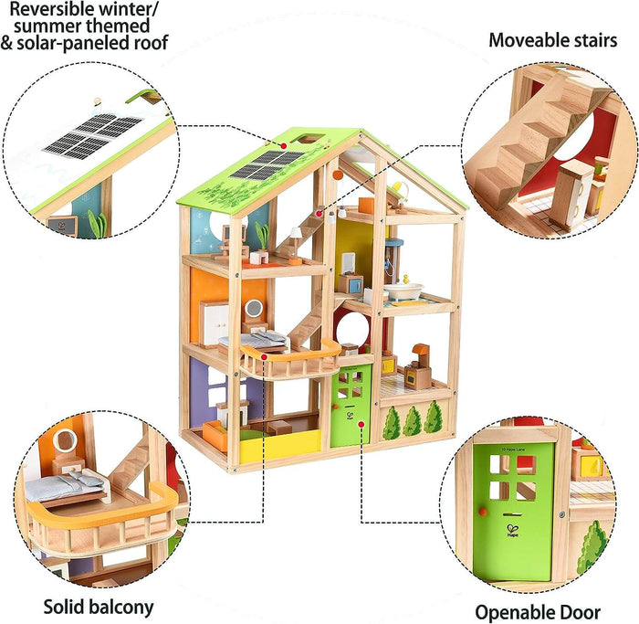 Three-story wooden toy house with green solar roof, moveable stairs, balcony, openable door, and colorful miniature rooms.
