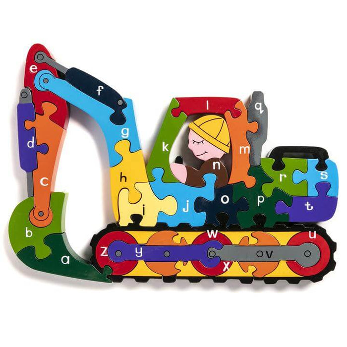 Colorful wooden excavator puzzle with lowercase letters a-z on each interlocking piece and a driver in the cab.
