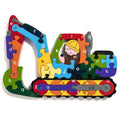 Colorful wooden excavator puzzle with lowercase letters a-z on each interlocking piece and a driver in the cab.
